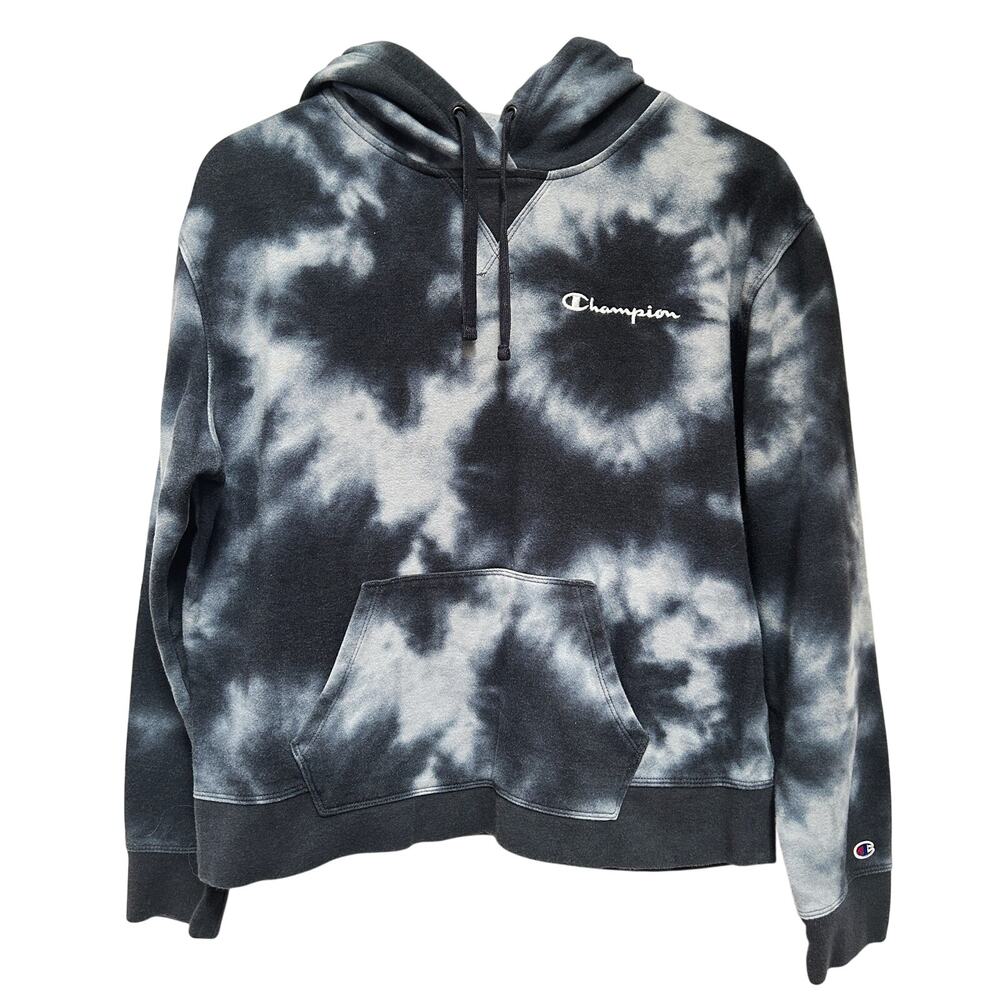 CHAMPION Black Gray Tie Dye Fleece Pullover Hoodie Sweatshirt Large